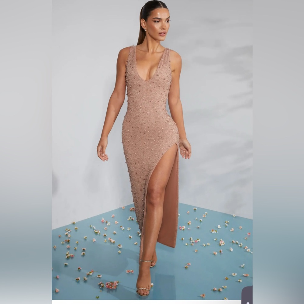 Embellished Plunge Neck High Split Maxi Dress in Beige